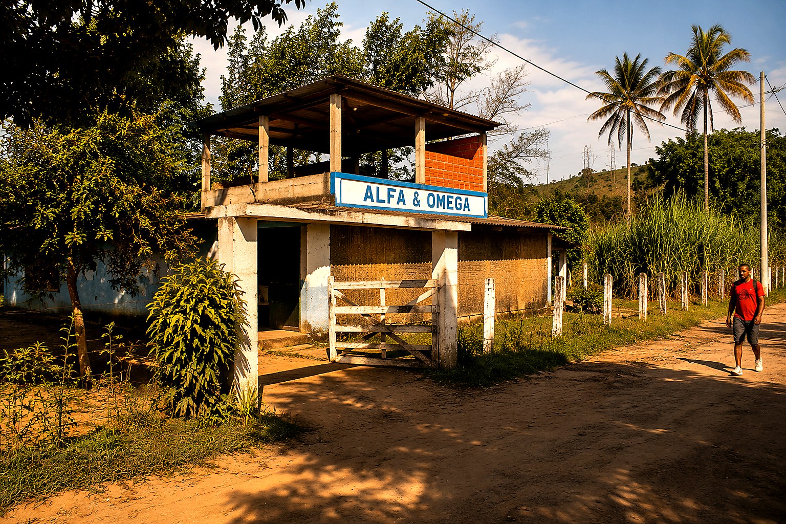 Fachada da unidade Alfa & Ômega com placa azul e branca à entrada