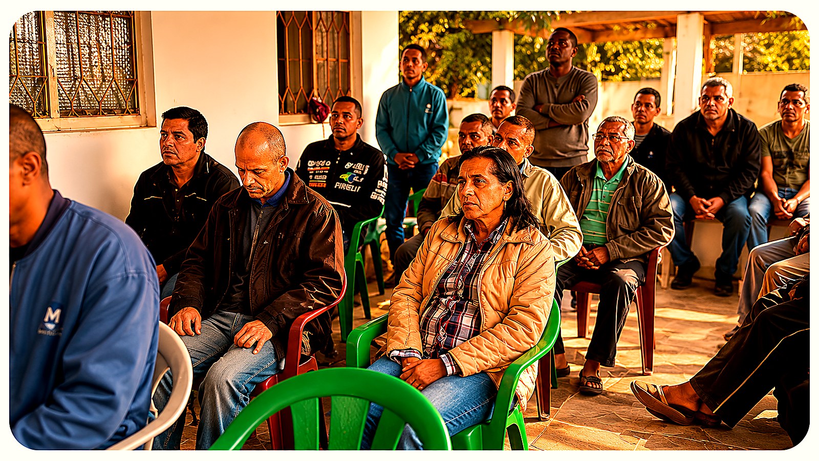 Reunião de acolhimento com homens sentados em roda durante encontro