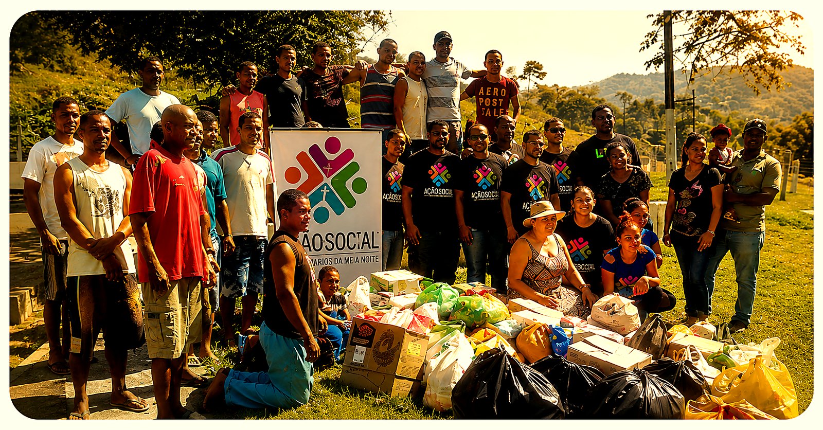 Grupo de voluntários reunidos em ação social com banner Ação Social